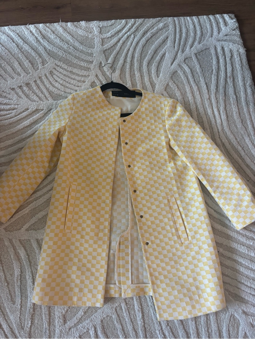 Zara Yellow and Cream Checkerboard Collarless Trench Coat